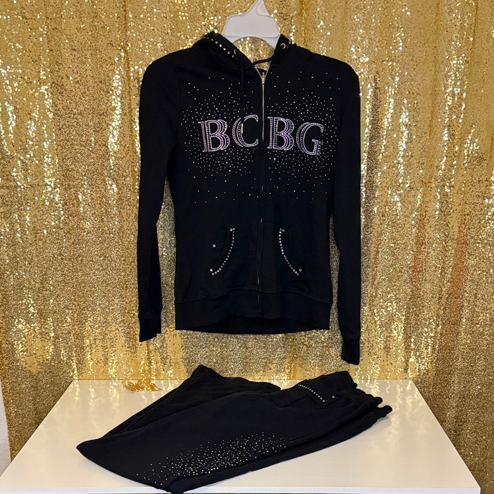 BCBGMaxAzria Black tracksuit rhinestone zip-up hoodie and matching pants
